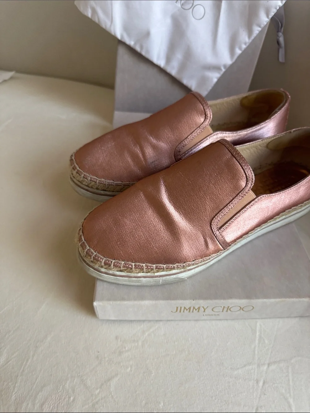 Jimmy Choo Rose Gold Espadrille Slip-On Flats